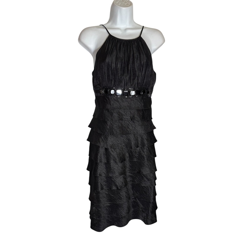 Cache Dress Size 4 Black Halter Tiered Dress Beaded Waist Cocktail‎ Party 🖤🖤